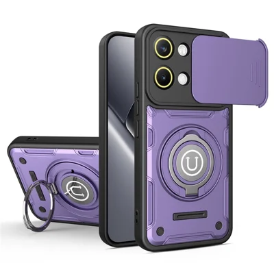 Obudowa na Xiaomi Poco X8 Pro Max 5G / Redmi Turbo 5 Max 5G z przesuwną osłoną aparatu, pierścieniem podstawka PC + TPU, obudowa na telefon - fioletowa