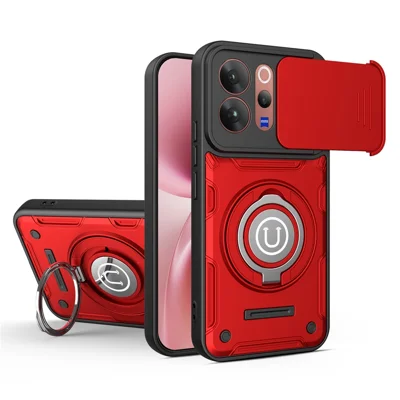 Custodia per vivo V70 5G / V70 Elite 5G / S50 5G con Cover Sliding per Obiettivo Fotocamera, Anello Supporto, Cover in PC + TPU per Telefono - Rosso