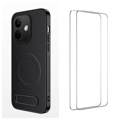 WANLONFENG til Xiaomi Redmi Note 17 (Indien/Kina) 5G / Xiaomi Redmi Note 17 4G QT1-serie magnetisk hylster med 2 stk. tempered glass film støttefod kulfiberstruktur PC TPU telefonbeskytning - Sort