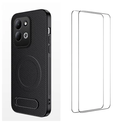  WANLONFENG för Xiaomi Redmi 17 5G / Xiaomi Redmi 17 4G QT1-serie Magnetisk Fodral med 2 st Härdat Glasfilmer, Vinklingsstöd, Kolfiberstruktur PC TPU Mobilskal - Svart