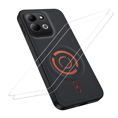 WANLONFENG för Xiaomi Redmi 17 5G / Xiaomi Redmi 17 4G KJB1 Serie Magnetisk Fodral med 2 st Härdat Glas Skärmskydd Tech Tygstruktur PC+TPU Mobilhölje - Svart