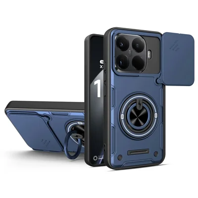 For Xiaomi 15T Pro Magnetic Case Sliding Camera Cover TPU+PC Phone Cover with Rotating Kickstand - Sapphire