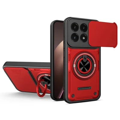 For Xiaomi 17 Magnetic Case Sliding Camera Cover TPU+PC Phone Cover with Rotating Kickstand - Red
