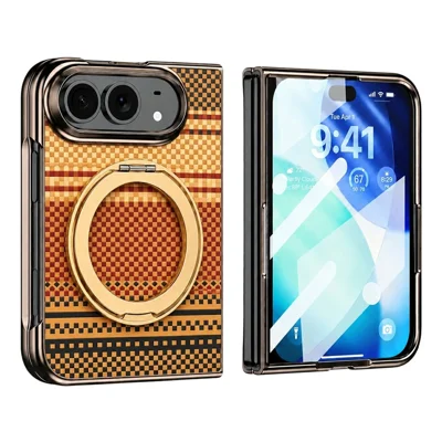 For iPhone Fold Case Magnetische Draaibare Standring Aramidvezelstructuur Lederen + PC Telefoonhoes met HD Schermbeschermer - Goud