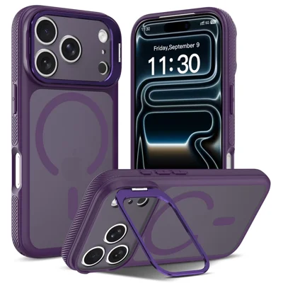 Obudowa magnetyczna na iPhone'a 18 Pro / 17 Pro z ramką obiektywu aparatu i podstawką kickstand PC + TPU - fioletowa