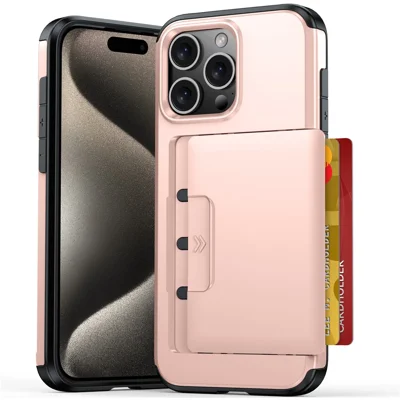For iPhone 15 Pro Max Case Slide Card Holder Military Drop Protection PC + TPU Phone Cover - Rose Gold