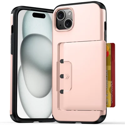 For iPhone 13  /  14 Case Slide Card Holder Military Drop Protection PC + TPU Phone Cover - Rose Gold