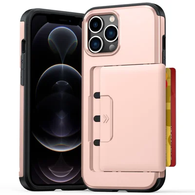 For iPhone 14 Pro Max Case Slide Card Holder Military Drop Protection PC + TPU Phone Cover - Rose Gold