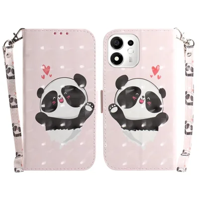 For Honor 600 Smart 5G  /  X7e Plus 5G Case Pattern Printing Leather Wallet Phone Cover with Wrist Strap - Love Heart Panda