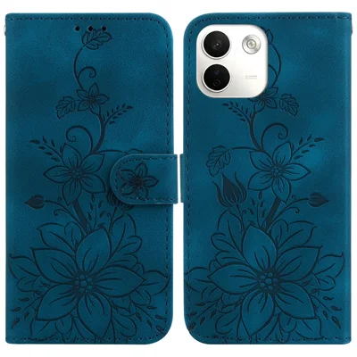 For Xiaomi Redmi Note 17 Pro Max 5G Stand Case Lily Flower Imprint Leather Phone Cover with Wrist Strap - Dark Blue