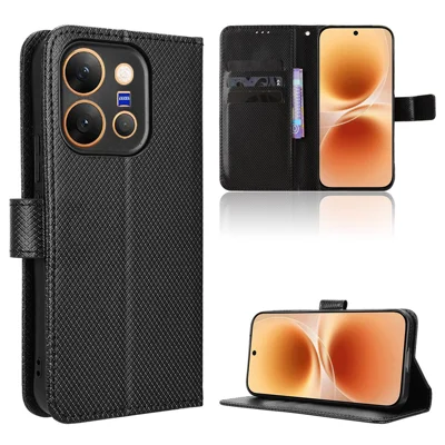  For vivo X300 E 5G Leather Wallet Case with Strap Diamond Texture Phone Cover - Black
