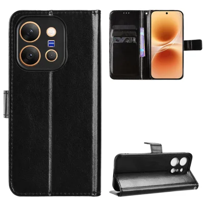  For vivo X300 E 5G PU Leather Case with Strap Crazy Horse Texture Phone Wallet Cover - Black