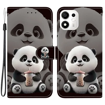 For Honor 600 Smart 5G  /  X7e Plus 5G Leather Case Stand Wallet Pattern Printing Phone Cover with Wrist Strap - Milk Tea Panda