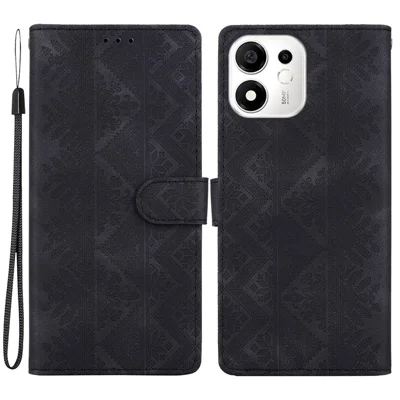 For Honor 600 Smart 5G  /  X7e Plus 5G Wallet Case Imprinted Ethnic Pattern Leather Phone Cover with Wrist Strap - Black