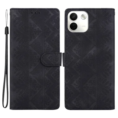 For Xiaomi Redmi Note 17 Pro Max 5G Wallet Case Imprinted Ethnic Pattern Leather Phone Cover with Wrist Strap - Black