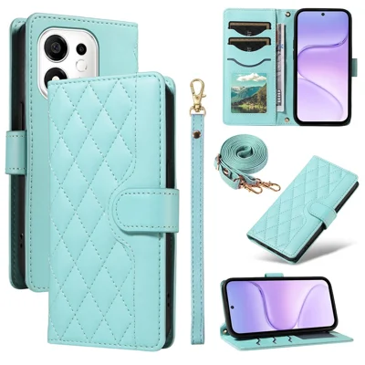  For Honor 600 Smart 5G / Honor X7e Plus 5G Wallet Case Rhombus Leather Phone Cover with Strap - Green