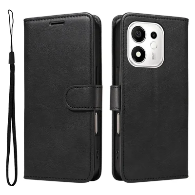  For Honor 600 Smart 5G / Honor X7e Plus 5G Leather Wallet Case with Strap Solid Color Phone Stand Cover - Black