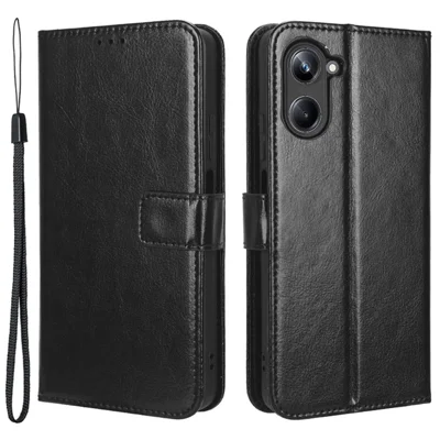 Para Realme 10 4G Funda de teléfono con billetera de piel PU Crazy Horse Texture Full Protection Stand Magnetic Cover con correa - Negro
