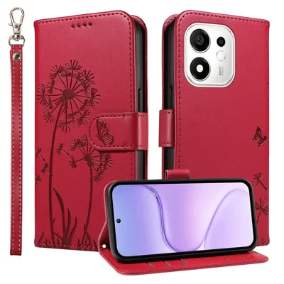  For Honor 600 Smart 5G / Honor X7e Plus 5G Leather Wallet Case with Strap Dandelion Imprint Phone Stand Cover - Red