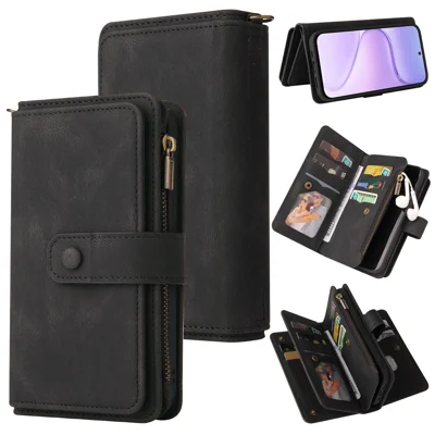  For Honor 600 Smart 5G / Honor X7e Plus 5G Zipper Wallet Case with 15 Card Slots and Strap Leather Phone Cover - Black