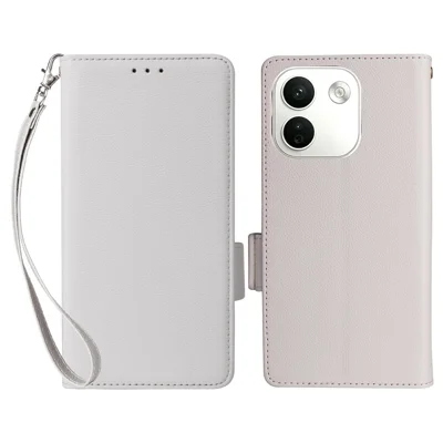لـ Xiaomi Redmi Note 17 Pro Max 5G / Redmi Note 17 Pro+ 5G غطاء جراب بملمس جلد荔نه بتصميم محفظة مع حزام معصمي - أبيض
