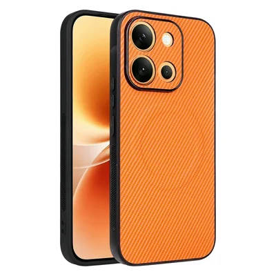 For vivo X300 E 5GCase Carbon Fiber Texture Leather Coated TPU PC Phone Cover with Metal Ring for Magnetic Car Mount - Orange
