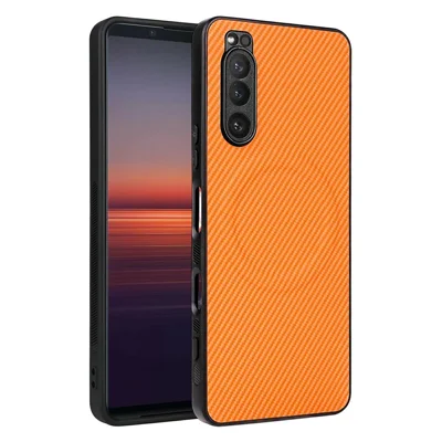 Fodral till Sony Xperia 1 VI, kolfiberstruktur, läderbelagd TPU/PC mobilskal med metallring för magnetisk bilhållare – Orange