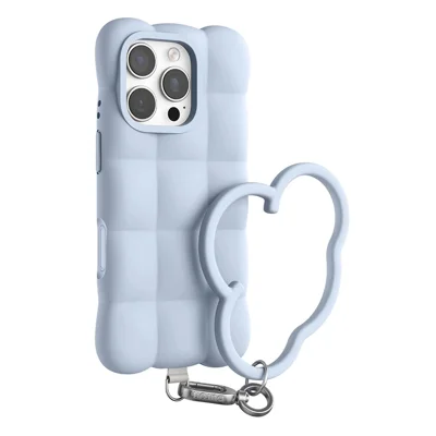 For iPhone 16 Pro Max Case Quilted Grid Liquid Silicone + PC Shockproof Phone Cover with Wrist Strap - Blue