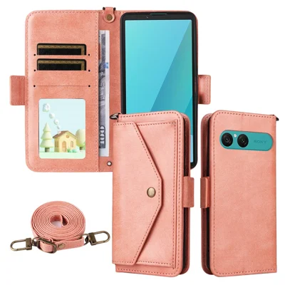 For Sony Xperia 10 VIII Leather Case Magnetic Closure Wallet Stand Phone Cover with Crossbody Strap - Pink
