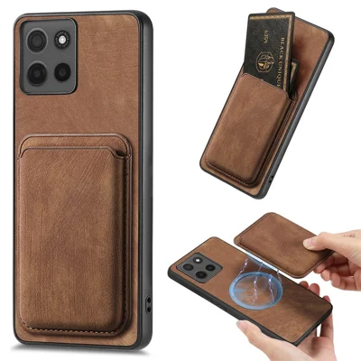 Magnetic Case For Motorola Moto G17 4G / G17 Power 4G / G15 4G / G15 Power 4G Retro Leather + TPU Phone Cover with Detachable Card Slot - Brown