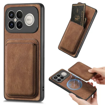 For Xiaomi Redmi K90 Pro Max 5G Magnetic Case Retro Leather + TPU Phone Cover with Detachable Card Slot Brown - Brown