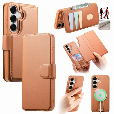 CASENEO For Samsung Galaxy S26 Magnetic Case RFID Blocking Wallet Detachable Leather Phone Cover with Wristband - Brown