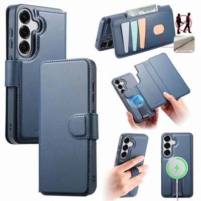 CASENEO For Samsung Galaxy S26+ Magnetic Case RFID Blocking Wallet Detachable Leather Phone Cover with Wristband - Blue