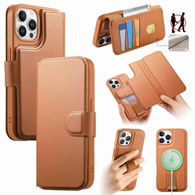 CASENEO For iPhone 13 Pro Max Magnetic Case RFID Blocking Wallet Detachable Leather Phone Cover with Wristband - Brown