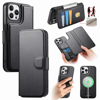 CASENEO For iPhone 13 Pro Magnetic Case RFID Blocking Wallet Detachable Leather Phone Cover with Wristband - Black