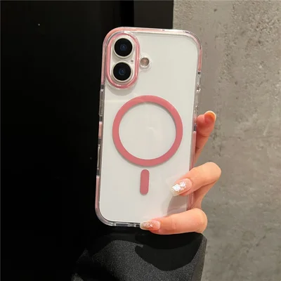 For iPhone 16 Magnetic Case PC + TPU Two-Color Shockproof Airbag Corner Transparent Phone Cover - Pink
