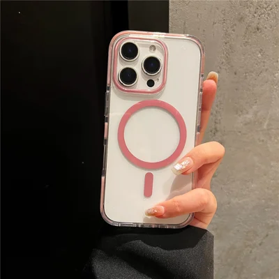 For iPhone 16 Pro Max Magnetic Case PC + TPU Two-Color Shockproof Airbag Corner Transparent Phone Cover - Pink