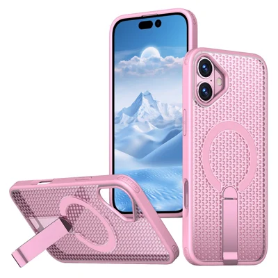 For iPhone 16 Magnetic Case Kickstand Grid Texture TPU PC Phone Back Cover - Pink