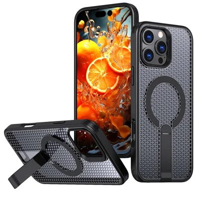 For iPhone 16 Pro Magnetic Case Kickstand Grid Texture TPU PC Phone Back Cover - Black