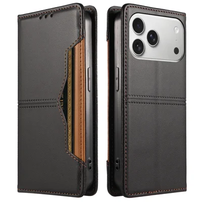  For iPhone 18 Pro Max / iPhone 17 Pro Max Wallet Case External Card Slot Magnetic Closing Leather Phone Cover - Black