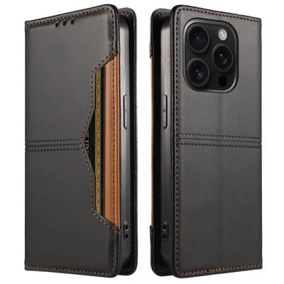  For iPhone 16 Pro Max Wallet Case External Card Slot Magnetic Closing Leather Phone Cover - Black