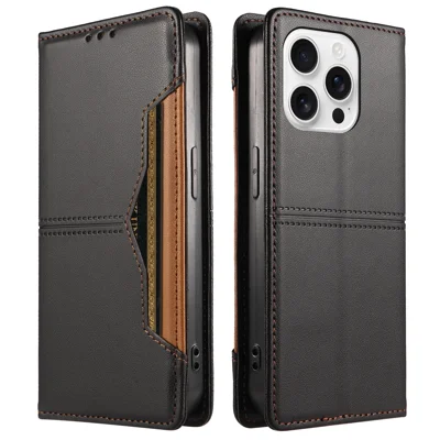  For iPhone 16 Pro Wallet Case External Card Slot Magnetic Closing Leather Phone Cover - Black