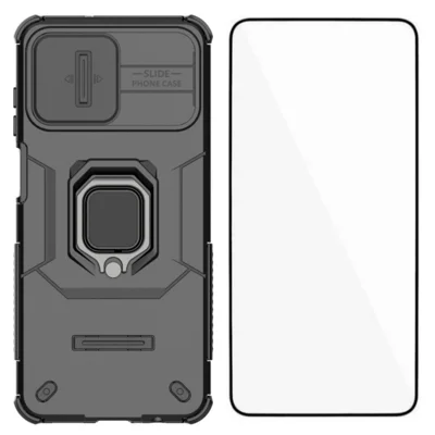 WANLONFENG pour Samsung Galaxy A07 4G / Galaxy A08 4G ZDX Series Étui PC TPU Étui Arrière Téléphone avec Support Rotatif et Couvercle d'Objectif + Verre Trempé - Noir