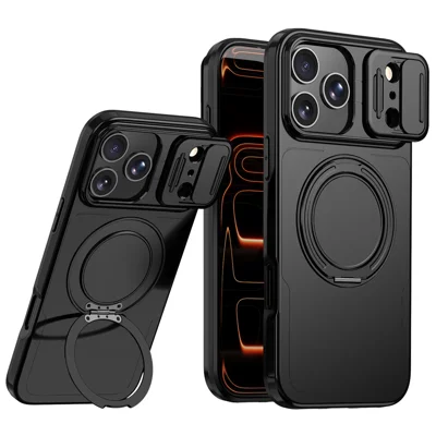Til iPhone 18 Pro / 17 Pro Case Magnetisk Stand Skubkamera Beskyttelse Stødfast PC + TPU Telefonbeskyttelse - Sort