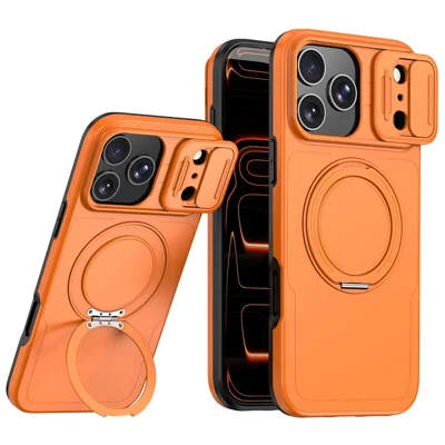 For iPhone 18 Pro Max / 17 Pro Max Case Magnetic Kickstand Sliding Camera Cover Shockproof PC + TPU Phone Shell - Orange