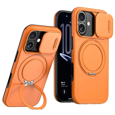 For iPhone 17 Case Magnetic Kickstand Sliding Camera Cover Shockproof PC + TPU Phone Shell - Orange