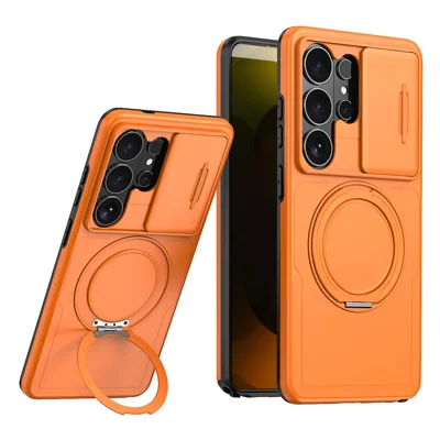 For Samsung Galaxy S24 Ultra Case Magnetic Kickstand Sliding Camera Cover Shockproof PC + TPU Phone Shell - Orange