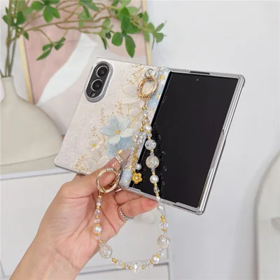 For Samsung Galaxy Z Fold8 Magnetic Case Gold Foil Ink Wash Floral Pattern PC Phone Cover with Beaded Strap - Elegant Blue Flowers