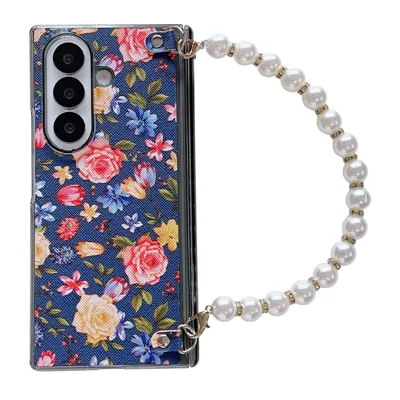 For Samsung Galaxy Z Fold8 Ultra Case Floral Pattern Fabric Texture Dual Hinge Protection Phone Cover with Pearl Hand Strap - Blue