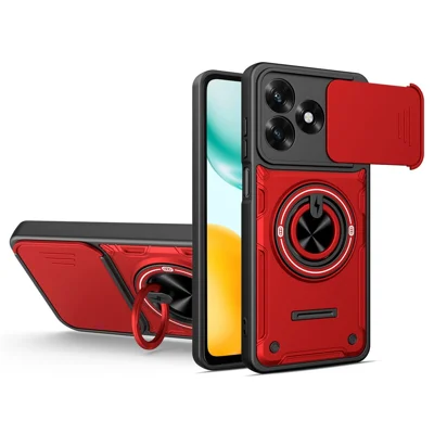 Cover magnetica per Honor X5c 4G / X5c Plus 4G con copertura scorrevole della fotocamera e cover per telefono in TPU+PC con supporto girevole - Rosso